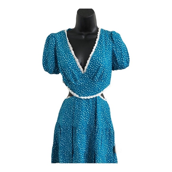 Puff sleeve crochet lace trim open back waist cutout blue teal short dress sizeM - Picture 5 of 14